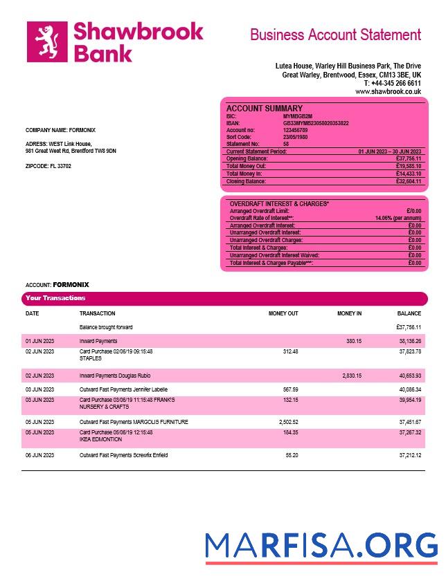 Printable Shawbrook Group enterprise account statement Word and PDF template